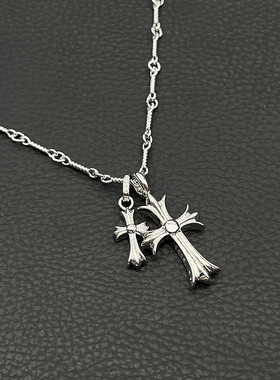 ODEK高级白金色双十字架项链男女vintage毛衣链经典款叠戴男士