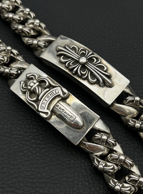 ODEK复古做旧宝剑龙虾扣手链长十字花男士霸气经典款满花古巴链