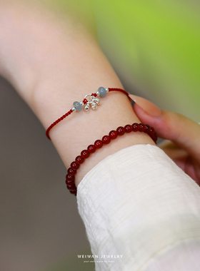 为晚女纯银新中式复古红绳手链