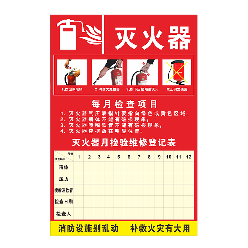 灭火器使用方法消防安全警示牌全名消防火警电话119设备检修登记表学校物业操作方法禁止烟火提示牌定制 - 图3