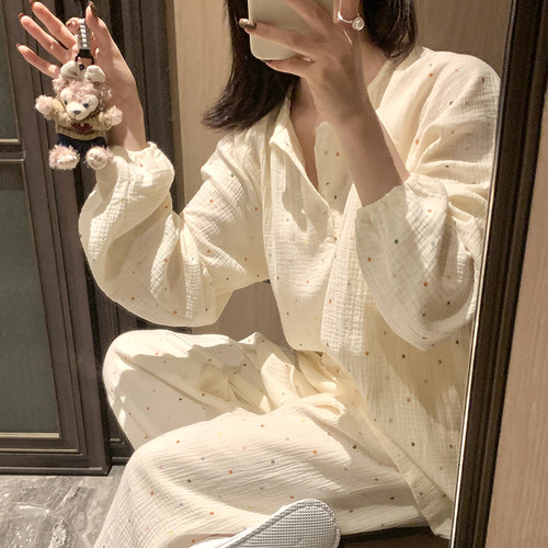 纯棉纱布睡衣女春秋季双层棉纱长袖长裤两件套2025新款薄款家居服 - 图1