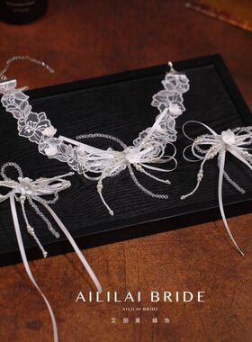 法式复古蕾丝花朵蝴蝶结颈链耳环高级新娘婚纱礼服项链简约锁骨链