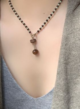 SUNNYZOO|琥珀松林 棕绿串珠吊坠项链小众复古设计秋冬锁骨链