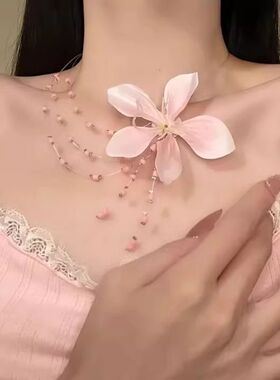 春夏季粉红色花朵串珠项链多层叠戴锁骨链choker海边氛围感颈链