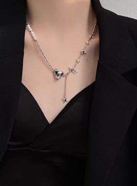 甜酷辣妹珍珠爱心拼接项链女潮冷淡风芒星流苏锁骨链