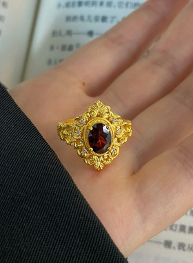 法式中古金色花丝蛋形戒指女复古轻奢优雅贵气镶嵌锆石老钱风指环