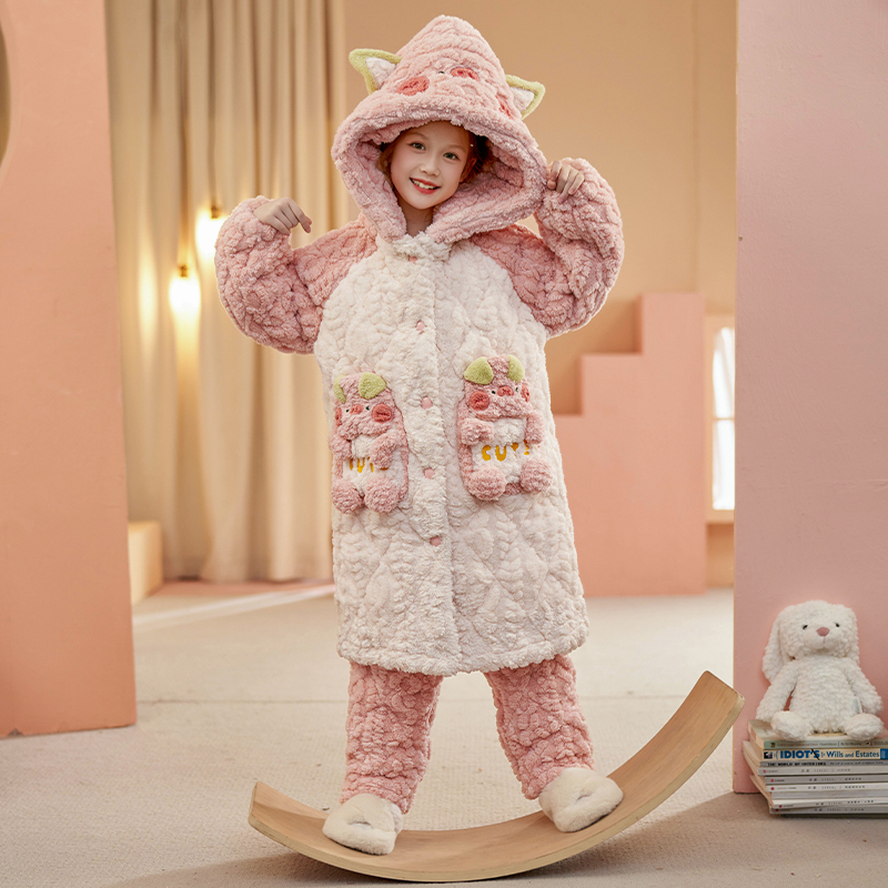 女童法兰绒加厚保暖夹棉睡袍冬季中长款儿童睡衣中大童秋款家居服 - 图2