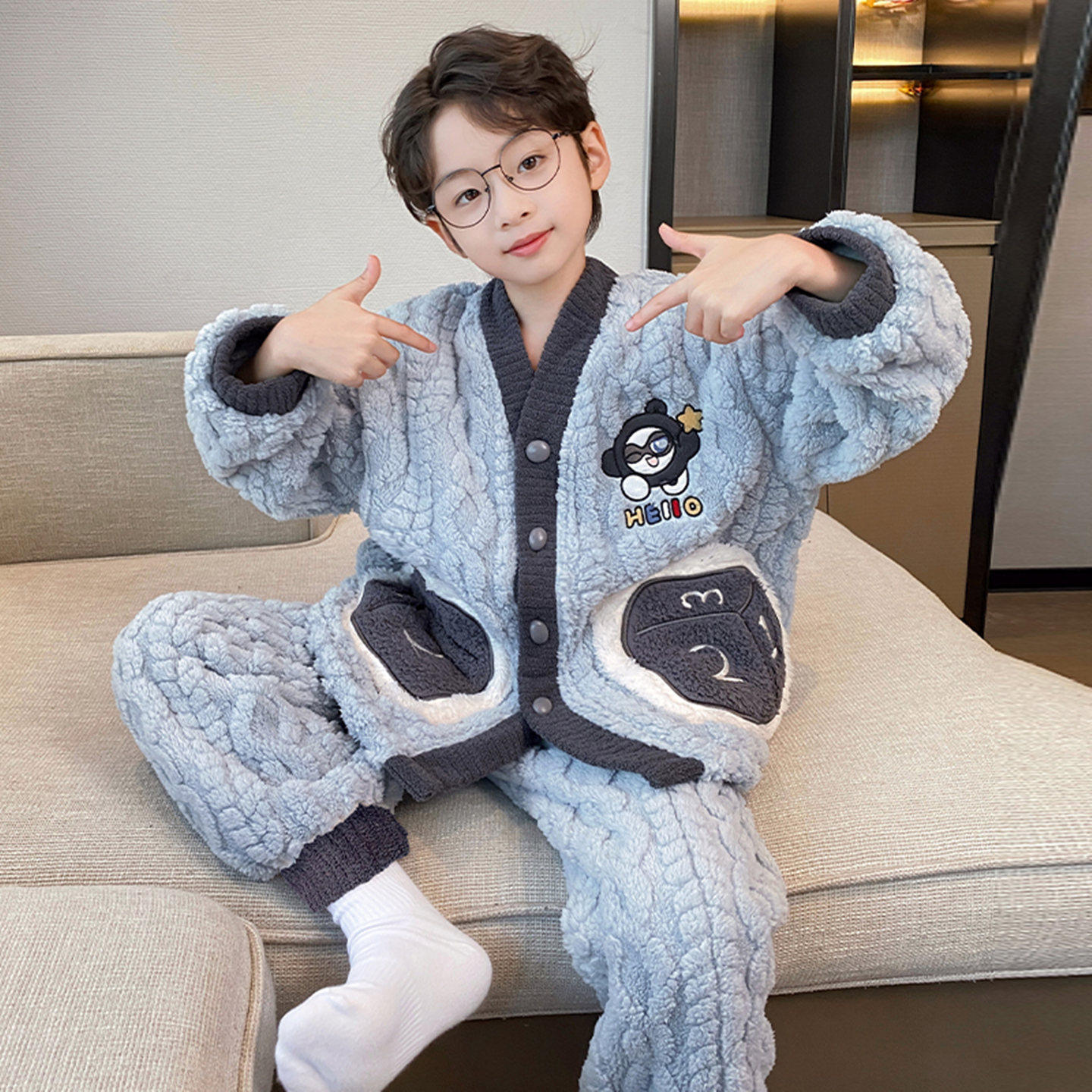 儿童珊瑚绒睡衣男童秋冬季2025新款加厚保暖小学生中大童男孩套装,淘宝优惠券,粉丝福利购,淘宝优惠卷