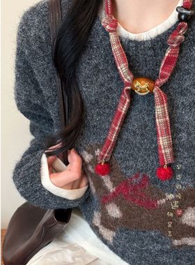 红色格子小马抽拉式项链女秋冬本命年马年装饰毛衣链配毛衣的配饰