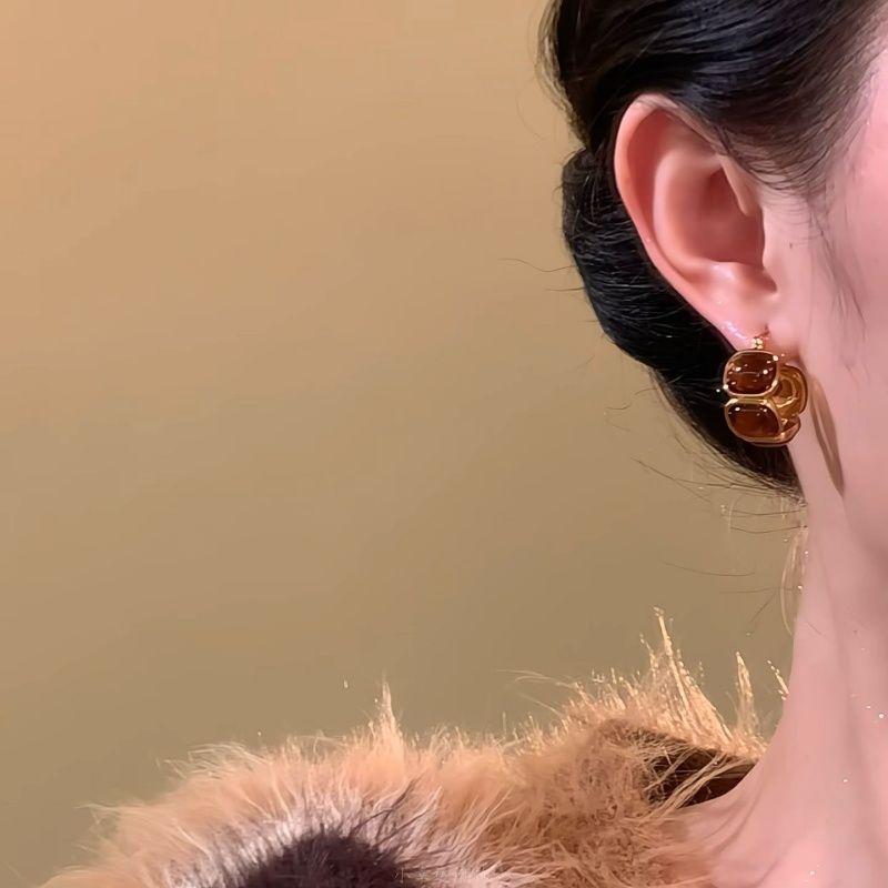 落日熔金~复古虎眼石金边耳钉女秋冬轻奢耳环耳圈高级感独特耳饰 - 图1