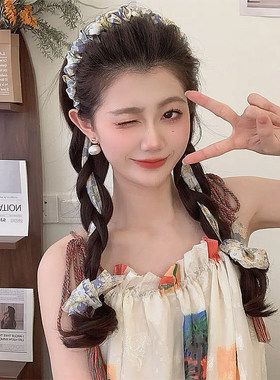田园风碎花齿梳飘带发箍女2026新款超仙氛围感丝巾编发一体式发饰