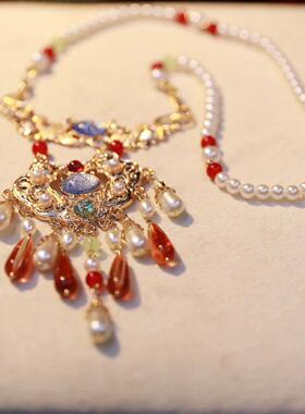 古风明制马面裙配饰软璎珞红色流苏新中式国风汉服背云压襟项链