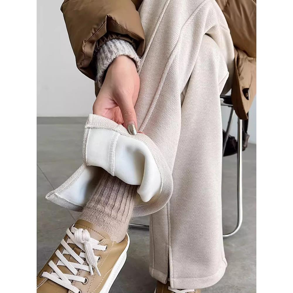 加厚加绒毛呢裤子女秋冬季2025新款窄版直筒醋酸阔腿裤大码小个子 - 图1