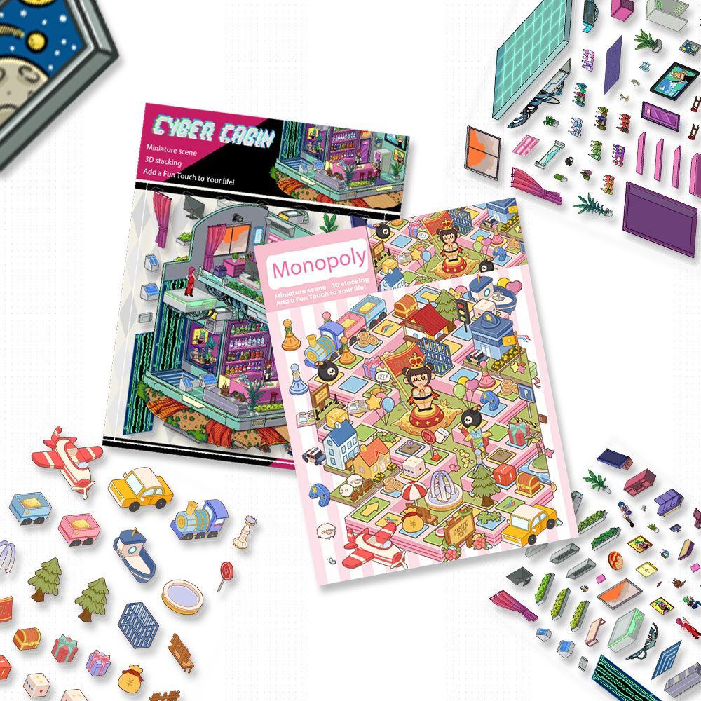 新款手工大富翁diy3d手工贴纸治愈赛博未来儿童玩具造景场景立体 - 图2