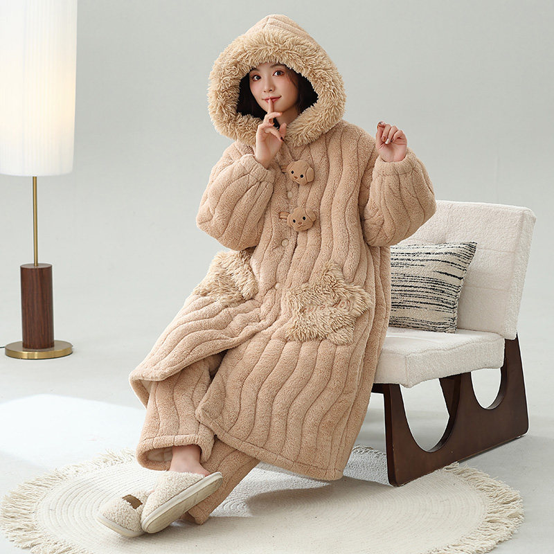 睡袍女冬季珊瑚绒睡衣保暖三层夹棉加绒加厚长款可外穿家居服套装,淘宝优惠券,粉丝福利购,淘宝优惠卷