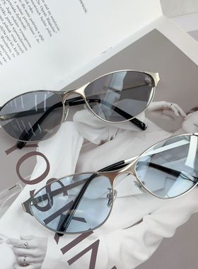 街拍防紫外线太阳镜猫眼凹造型美式蓝色墨镜女Y2k时尚辣妹复古男