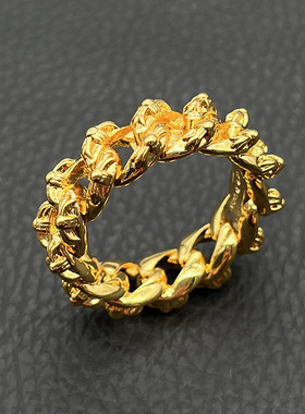 ODEK22K金色满花链条戒指欧美哥特风个性嘻哈指环经典款男士个性