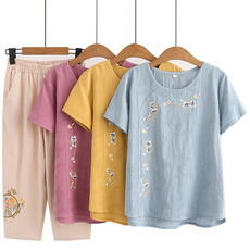 Одежда для дам 中老年夏装套装棉麻短袖洋气奶奶夏季绣花t恤上衣老人妈妈装衣服