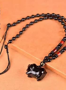 天然黑曜石猪吊坠十二生肖补水