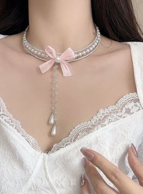 法式甜美蝴蝶结锆石珍珠流苏项链轻奢气质氛围感choker颈圈锁骨链