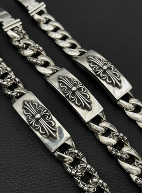 ODEK高级感复古宝剑半花长十字花手链满花链条古巴链经典款男士