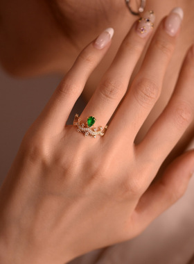 欧美复古水滴梨形绿色锆石皇冠戒指女时尚轻奢小众指环开口可调节