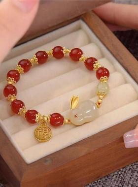 儿童玉兔手链女童好运兔子本命年手镯红色兔年首饰送女孩生日礼物