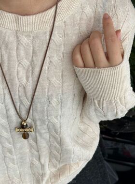 新秋冬款美拉德虎眼石项链女港风复古时尚气质除号毛衣卫衣链