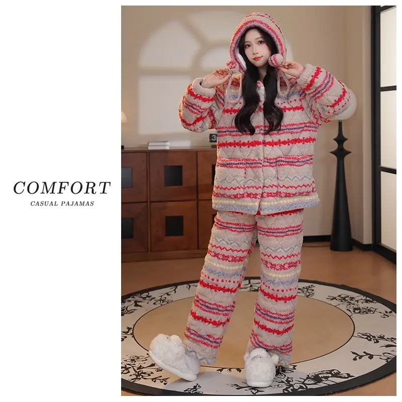 费尔岛风冬季三层夹棉加绒加厚长毛绒睡衣女保暖套装家居服柔软,淘宝优惠券,粉丝福利购,淘宝优惠卷