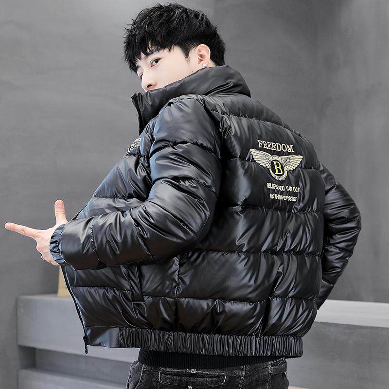 户外冬季男士羽绒服短款立领韩版刺绣加厚保暖外套亮皮免洗面黑色 - 图2