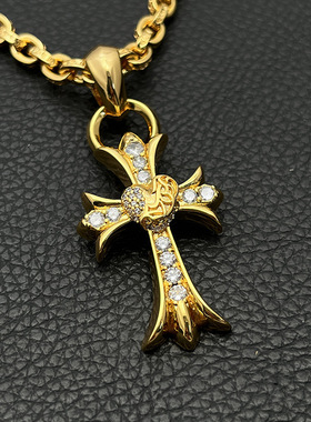ODEKvintage22k金色满钻桃心十字架项链男女重工爱心吊坠男士欧美