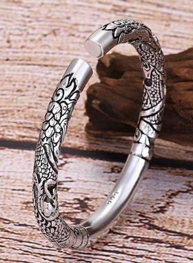双龙抱柱浮雕龙纹开口手镯复古风做旧合金电镀银手镯男女同款手工