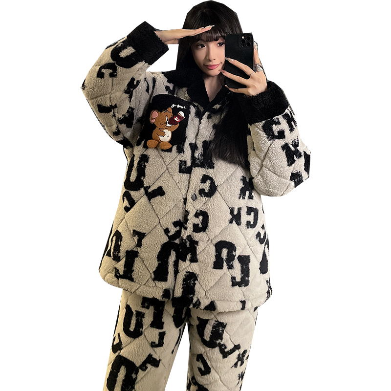 新款睡衣女冬季珊瑚绒法兰绒夹棉袄三层加厚超厚加绒可外穿家居服 - 图3