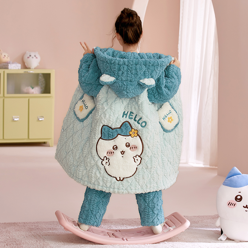 女童法兰绒加厚保暖夹棉睡袍冬季中长款儿童睡衣中大童秋款家居服 - 图3