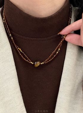 咖色串珠美拉德串珠虎眼石项链女双链条设计感精致毛衣链秋冬项饰