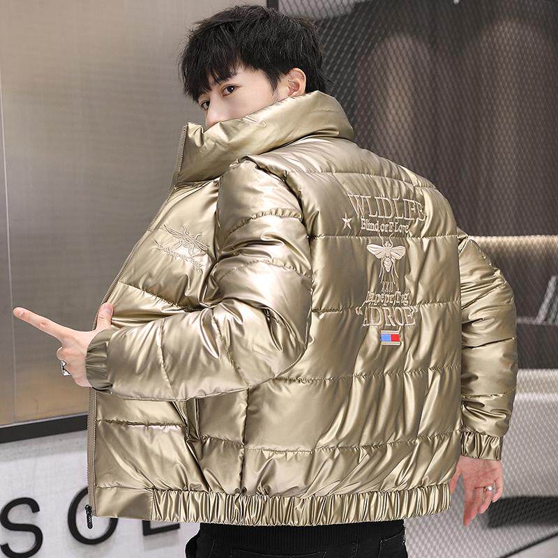 户外冬季男士羽绒服短款立领韩版刺绣加厚保暖外套亮皮免洗面黑色 - 图1