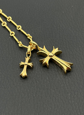 ODEK高级22k金色双十字架项链男女轻奢小众欧美vintage重工气质