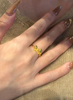 时尚郁金香戒指女小众枝叶开口指环轻奢高级感手饰婚礼刻字可调节