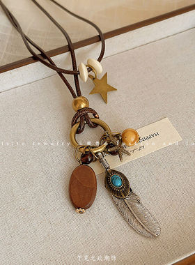 新中式禅意羽毛项链女波西米亚民族风双层叠戴长款毛衣链配饰吊坠