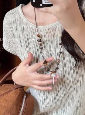 咖啡豆串珠蝴蝶结项链女2026新款小众高级感可调节抽拉毛衣链配饰