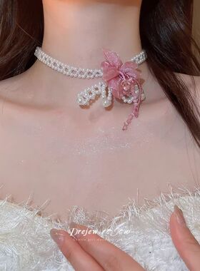 串珠雪纺花吊坠锁骨链项链女款2026新款轻奢高级感choker配饰女