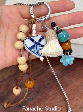 手工编织陶瓷猫眼流苏长款项链 小众设计彩色串珠复古毛衣链