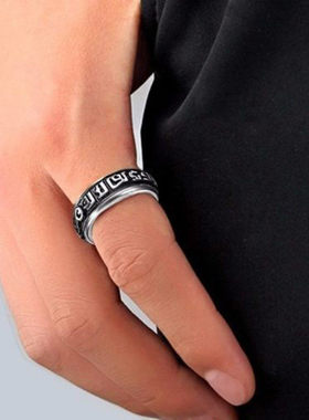 新款六字真言可旋转戒指男女ins潮食指指环复古小众设计轻奢项链