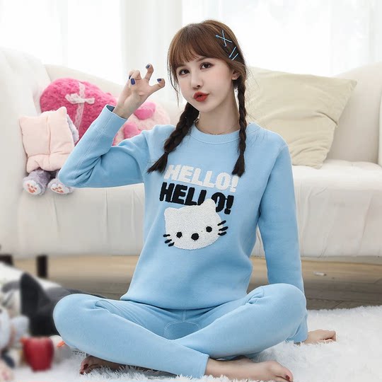 2024新款保暖内衣冬季套装纯棉加绒加厚KT猫秋衣秋裤中大童家居服