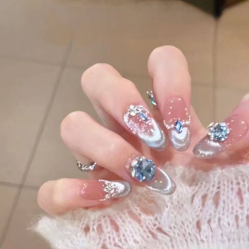 【蓝调冰晶】蓝色爆闪猫眼美甲手工穿戴甲片镶钻宝石显白网红指甲,淘宝优惠券,粉丝福利购,淘宝优惠卷