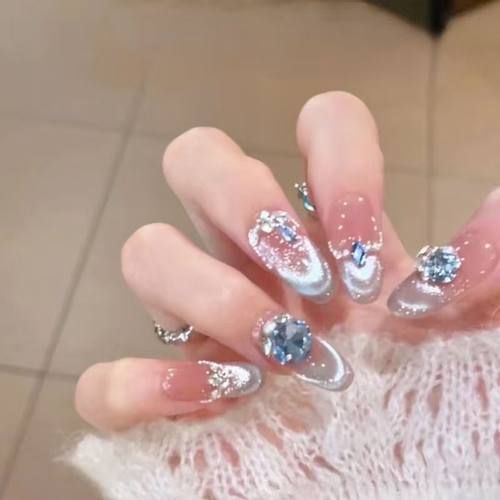 【蓝调冰晶】蓝色爆闪猫眼美甲手工穿戴甲片镶钻宝石显白网红指甲 - 图2