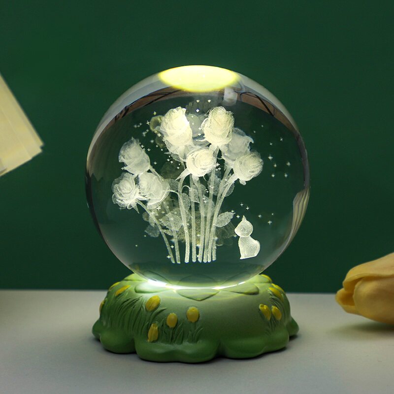 创意水晶球小摆件郁金香玫瑰康乃馨花朵装饰品小夜灯送人生日礼物