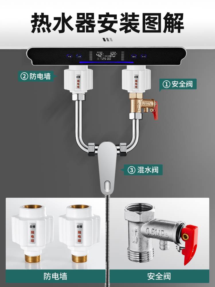 热水器U型混水阀浴室淋浴冷热水龙头电热水器配件配大全明装通用-图3