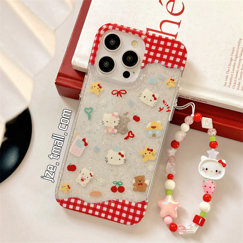 可爱格纹HelloKitty带链条适用苹果15手机壳闪粉iPhone16ProMax新款15pro防摔13少女小众12硅胶14pro全包软壳