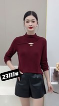 Eurostock semi-high collar hollowed-out blouse for women 2023 autumn and winter new pure colour plus velvet warm T-shirt